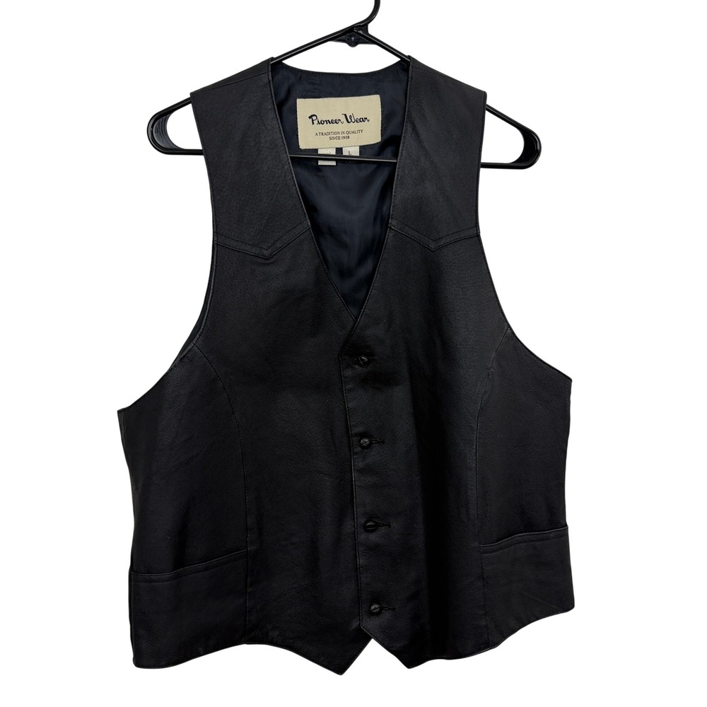 Pioneer Wear Vest Mens Large Black Leather Western Cowboy Biker V-Neck Button Up